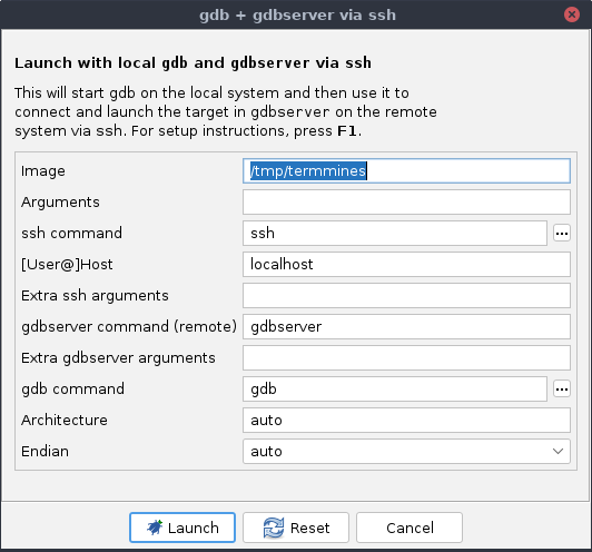 Connect dialog for gdb + gdbserver via ssh